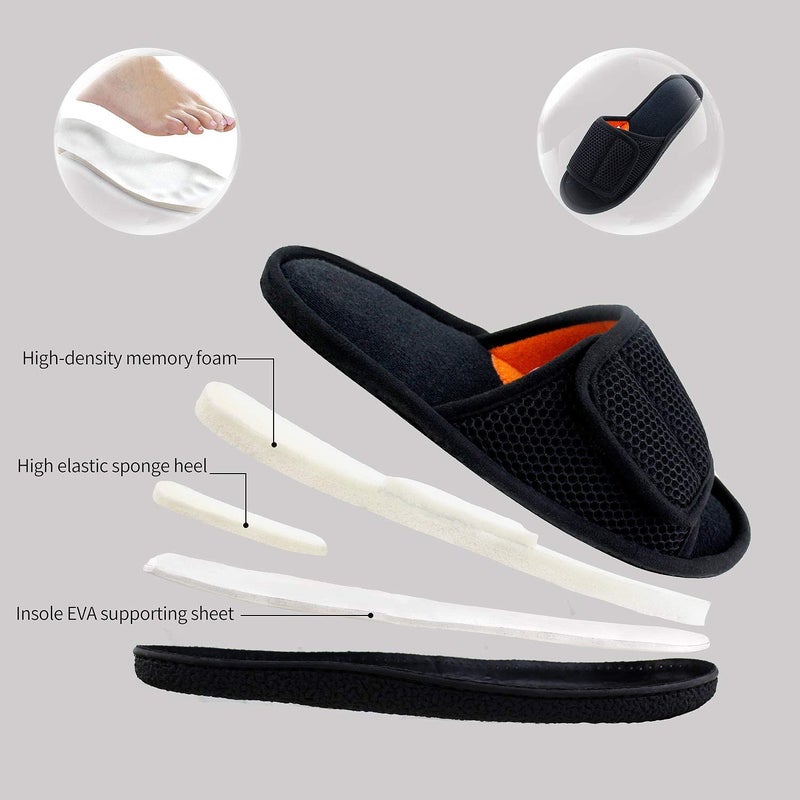 WALKFUN Adjustable House Slippers for Men Open Toe Breathable Indoor Slip on Mens Slides Sandals with Memory Foam for Bedroom,Patio(13-14,Black) - Image 3